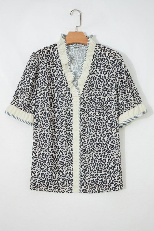 Black Plus Leopard Print Striped Color Block Trim Frilled V Neck Short Sleeve Blouse - Loving It Shop