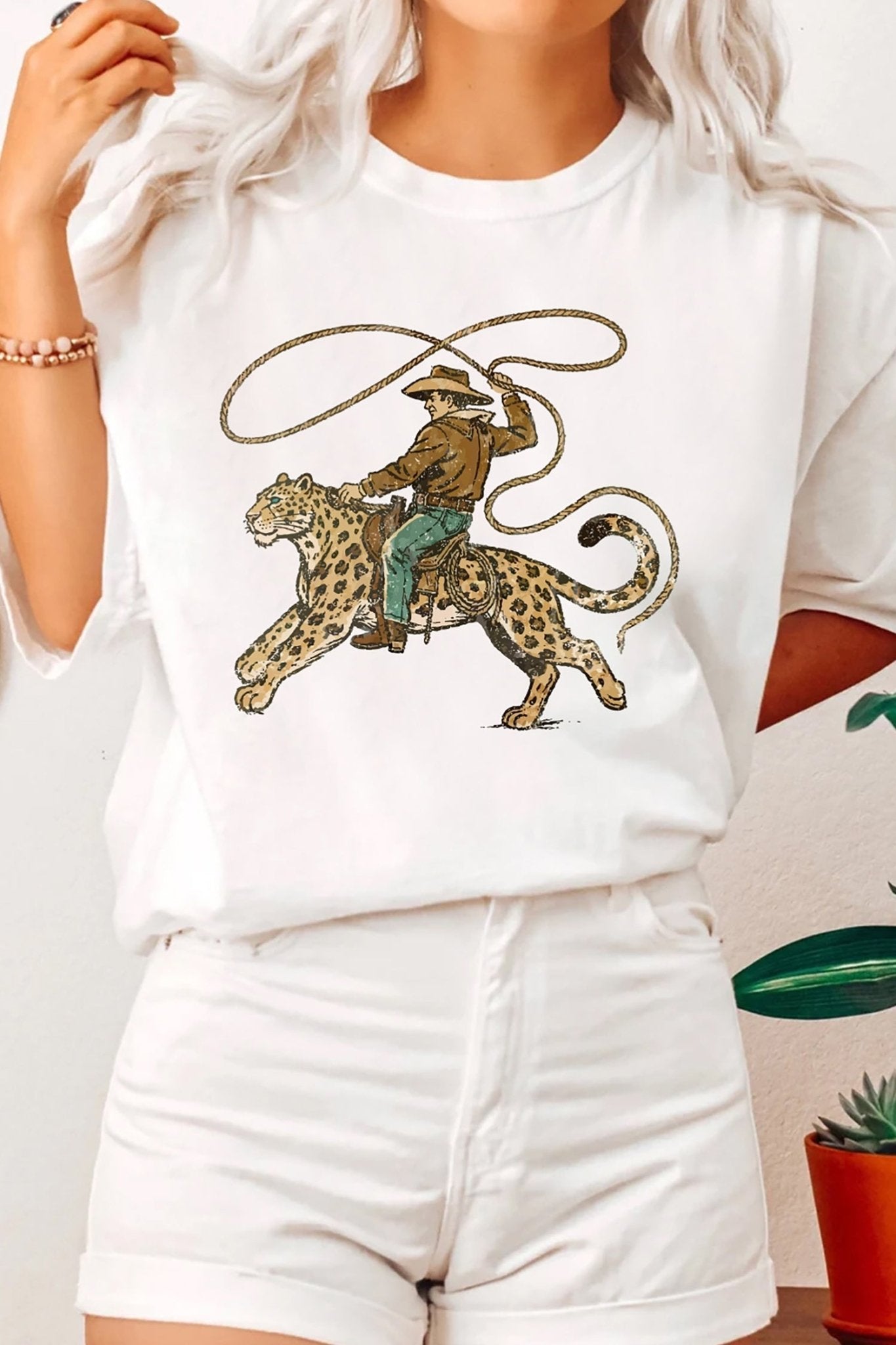 White Leopard Rodeo Cowboy Graphic Casual Tee - Loving It Shop