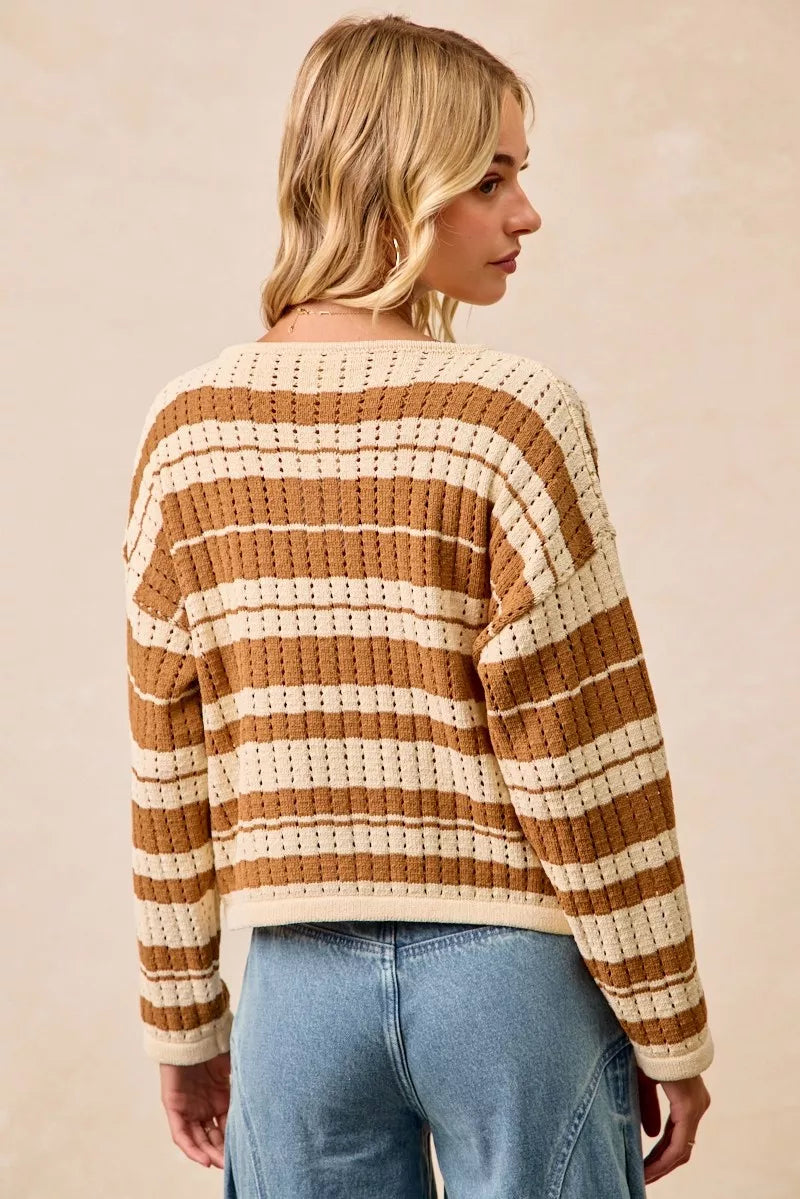 Striped Open Knit Sweater Top with Front Braided Detail