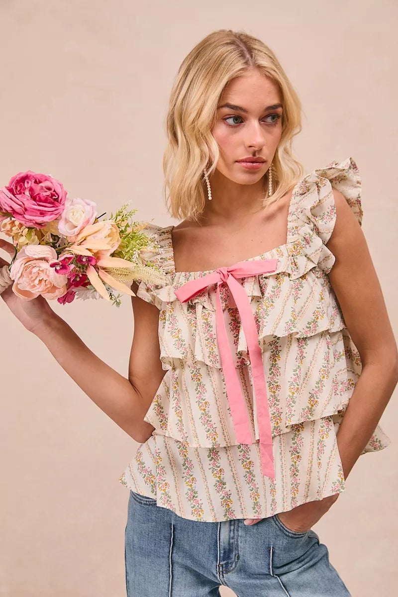 Floral Printed Woven Front Bow Tied Ruffled Square Neck Sleeveless Top