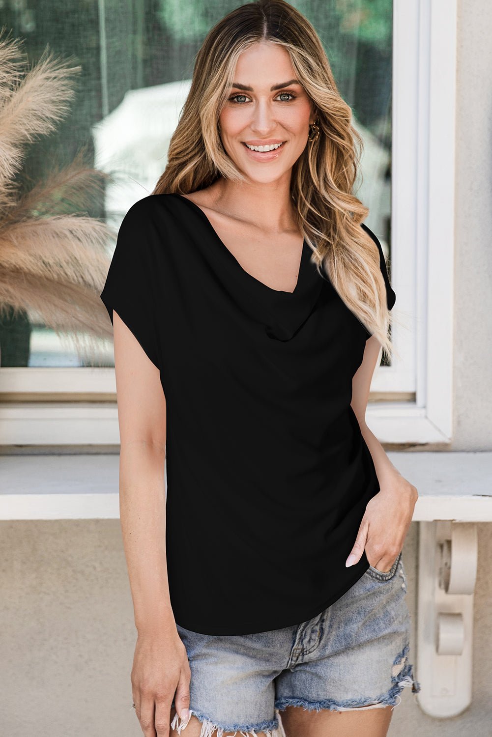 Black Cowl Neck Bat Sleeve T Shirt - Loving It Shop