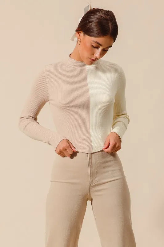 Color Block Fitted Crop Sweater Top