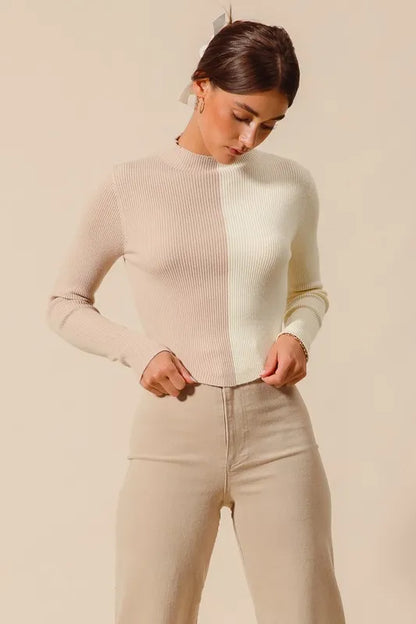 Color Block Fitted Crop Sweater Top