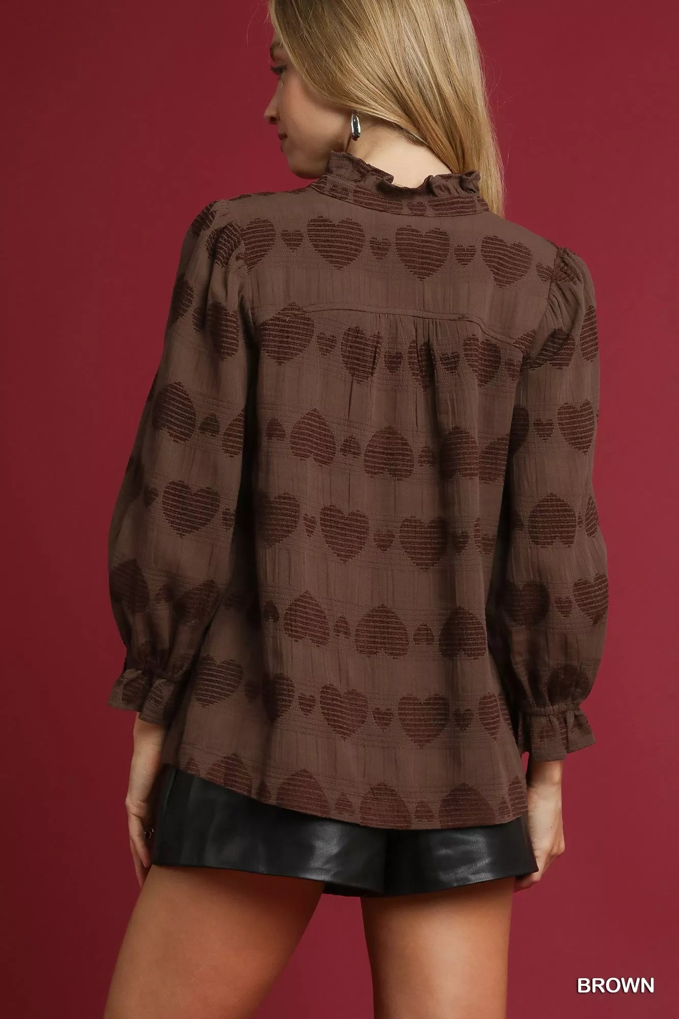 Heart Jacquard Ruffle Trim Shirt