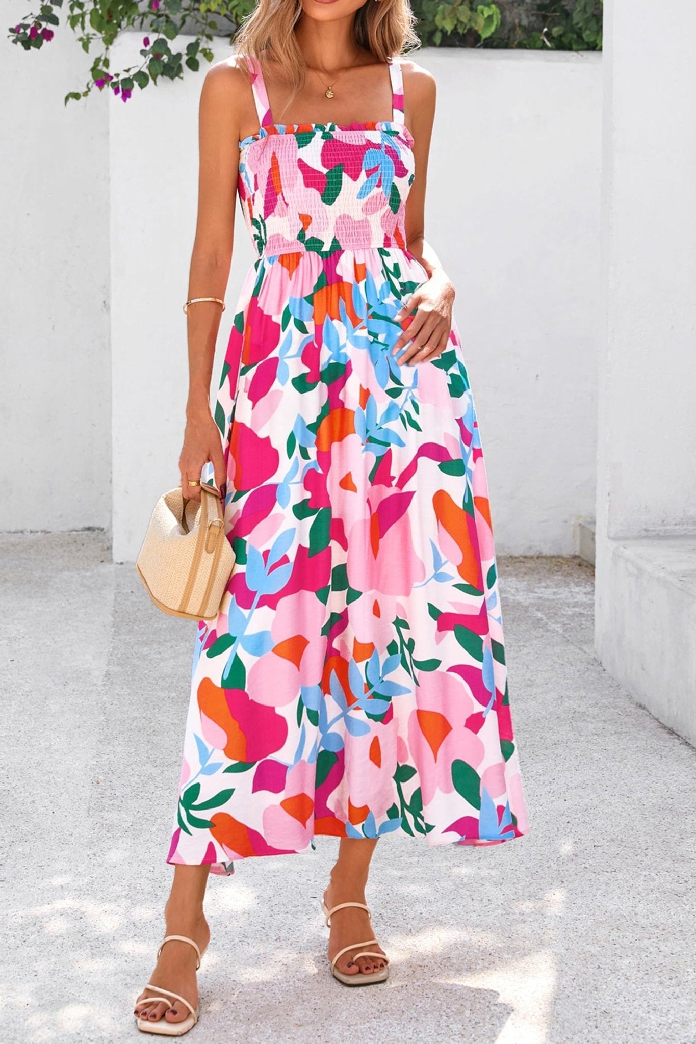 Pink Floral Print Adjustable Straps Smocked High Waist Sundress - Loving It Shop
