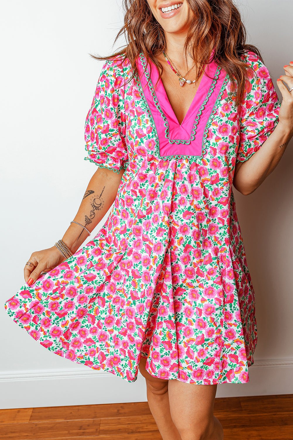 Pink Floral Print V Neck Patchwork Short Bubble Sleeve Mini Dress - Loving It Shop