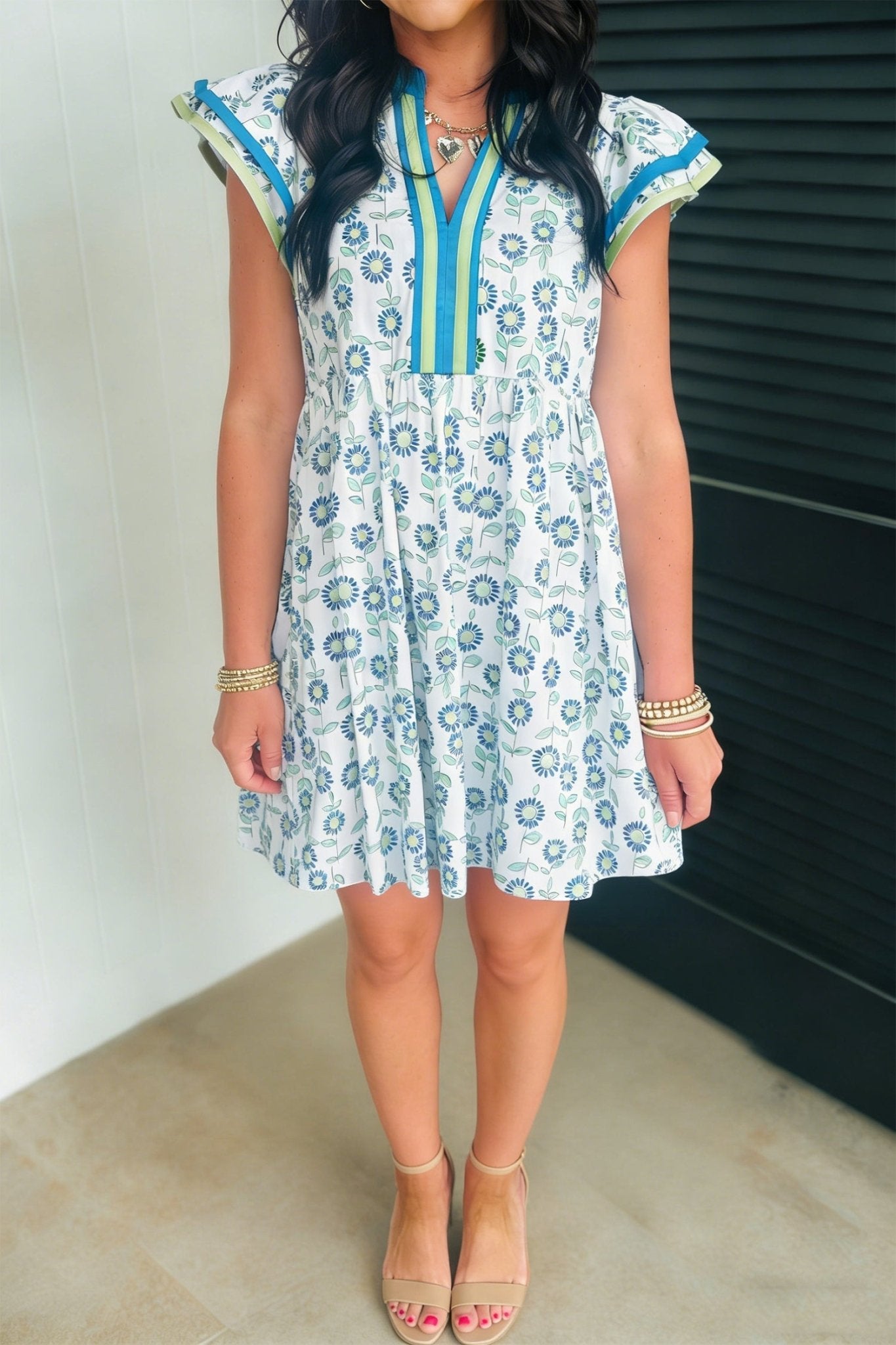 Sky Blue Floral Print Contrast Trim Flutter Sleeve Mini Dress - Loving It Shop