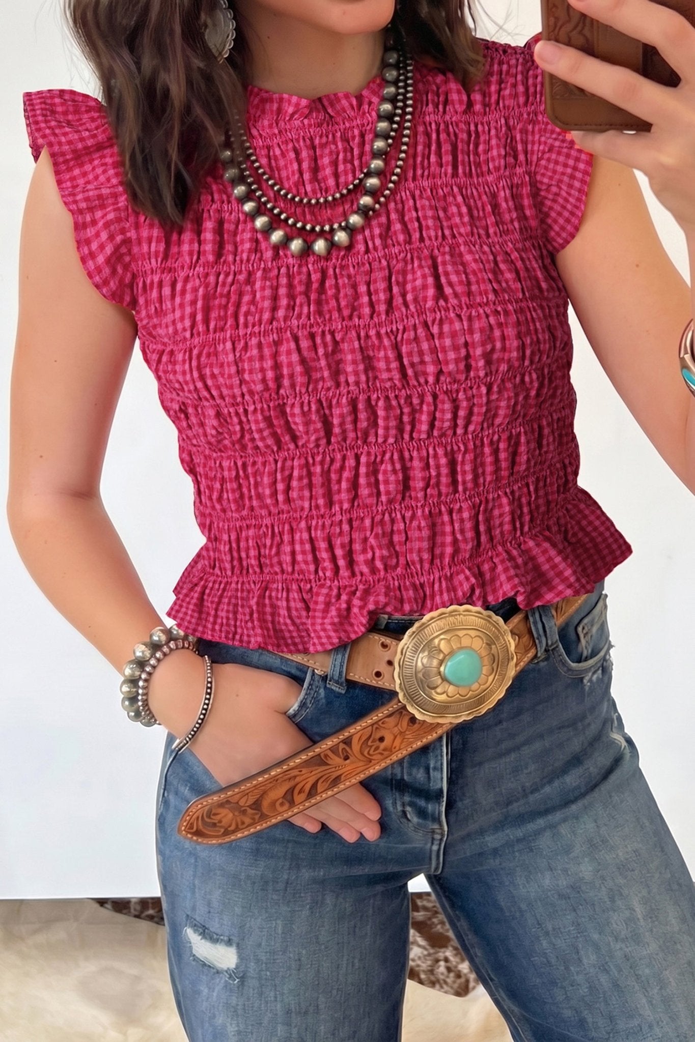 Red Plaid Shirred Ruffle Trim Tank Top - Loving It Shop