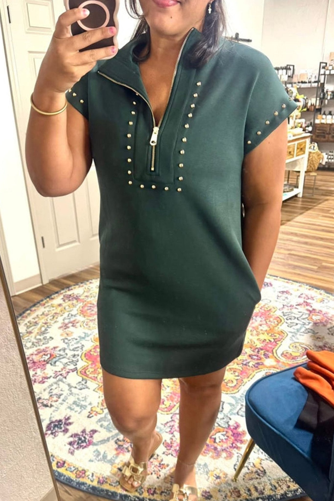 Evergreen Plus Size Glow Studded Zip up T Shirt Dress with Pockets - Loving It Shop