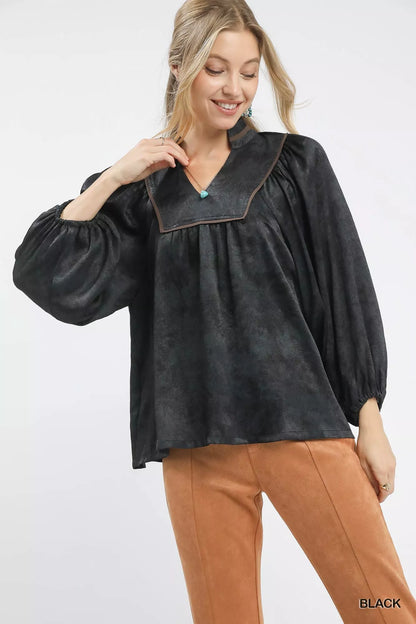 Crinkle Brocade Long Sleeve Blouse