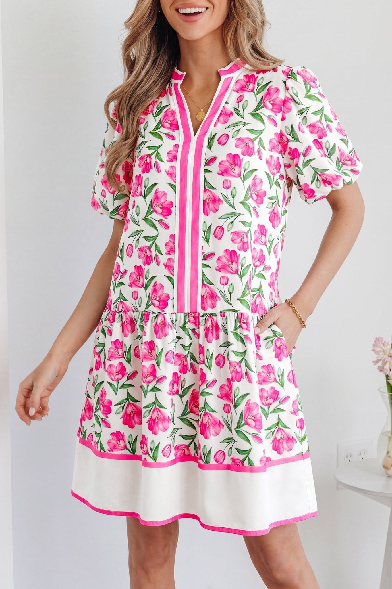 Multicolour Sweet Floral Print Striped Color Block Trim Short Dress - Loving It Shop