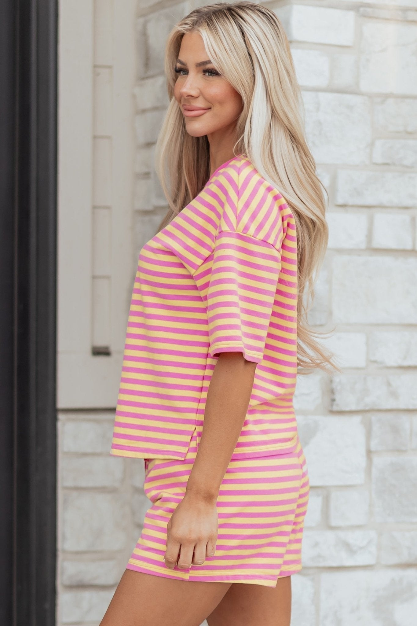 Rose Stripe Drop Shoulder Boxy Casual Terry Short Set - Loving It Shop