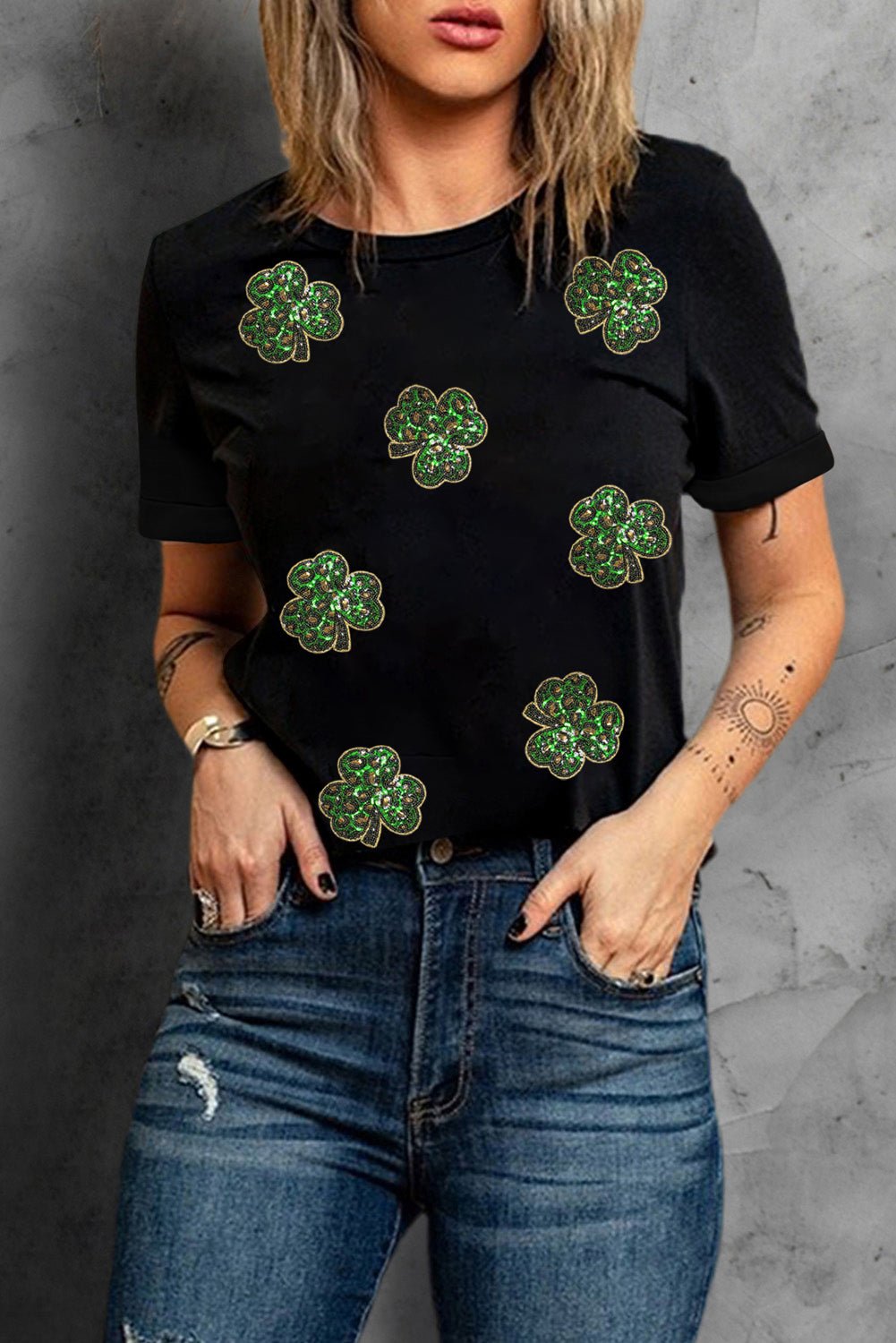 Black Sequin Leopard Clover Graphic Crewneck St Patrick Tee - Loving It Shop