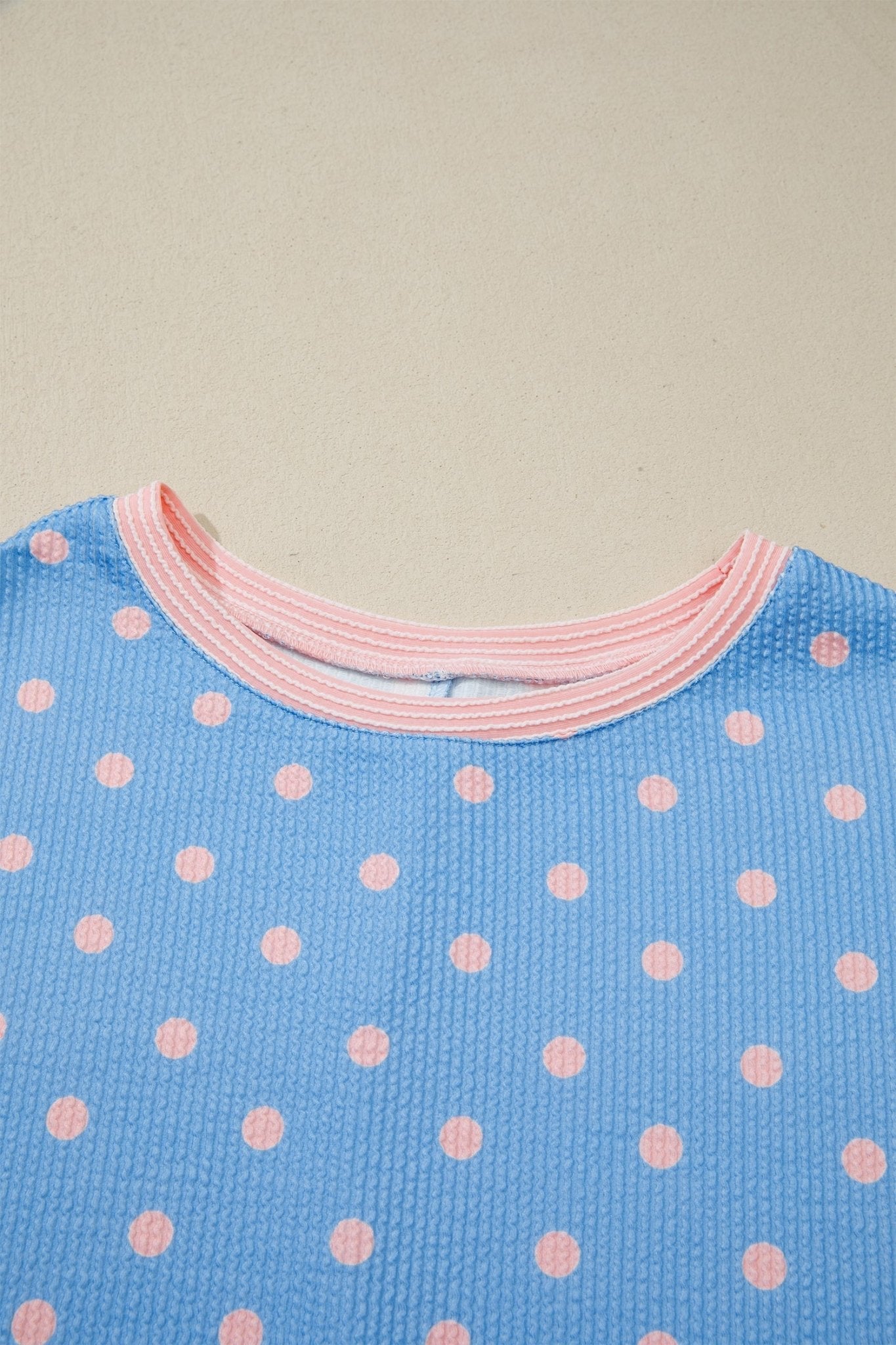 Sky Blue Raised Rib Polka Dot Print Cuffed Short Sleeve Top - Loving It Shop