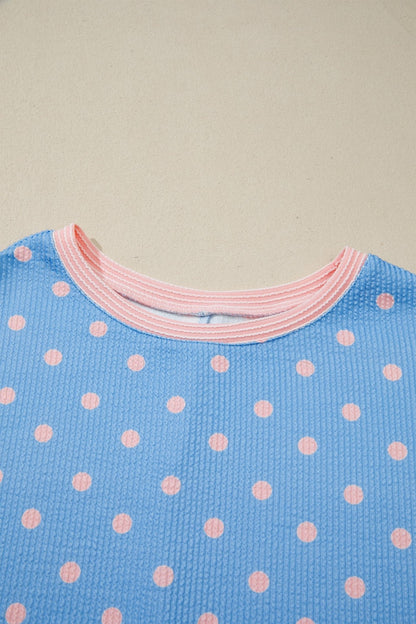 Sky Blue Raised Rib Polka Dot Print Cuffed Short Sleeve Top - Loving It Shop