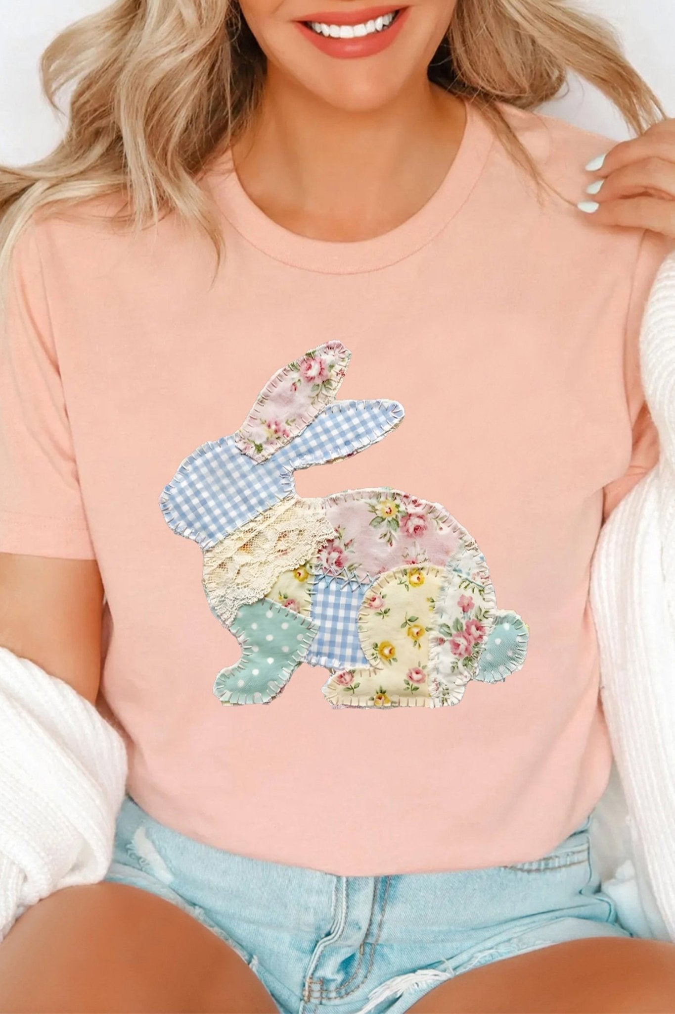Pink Vibrant Easter Bunny Patchwork Printed T Shirt - Loving It Shop