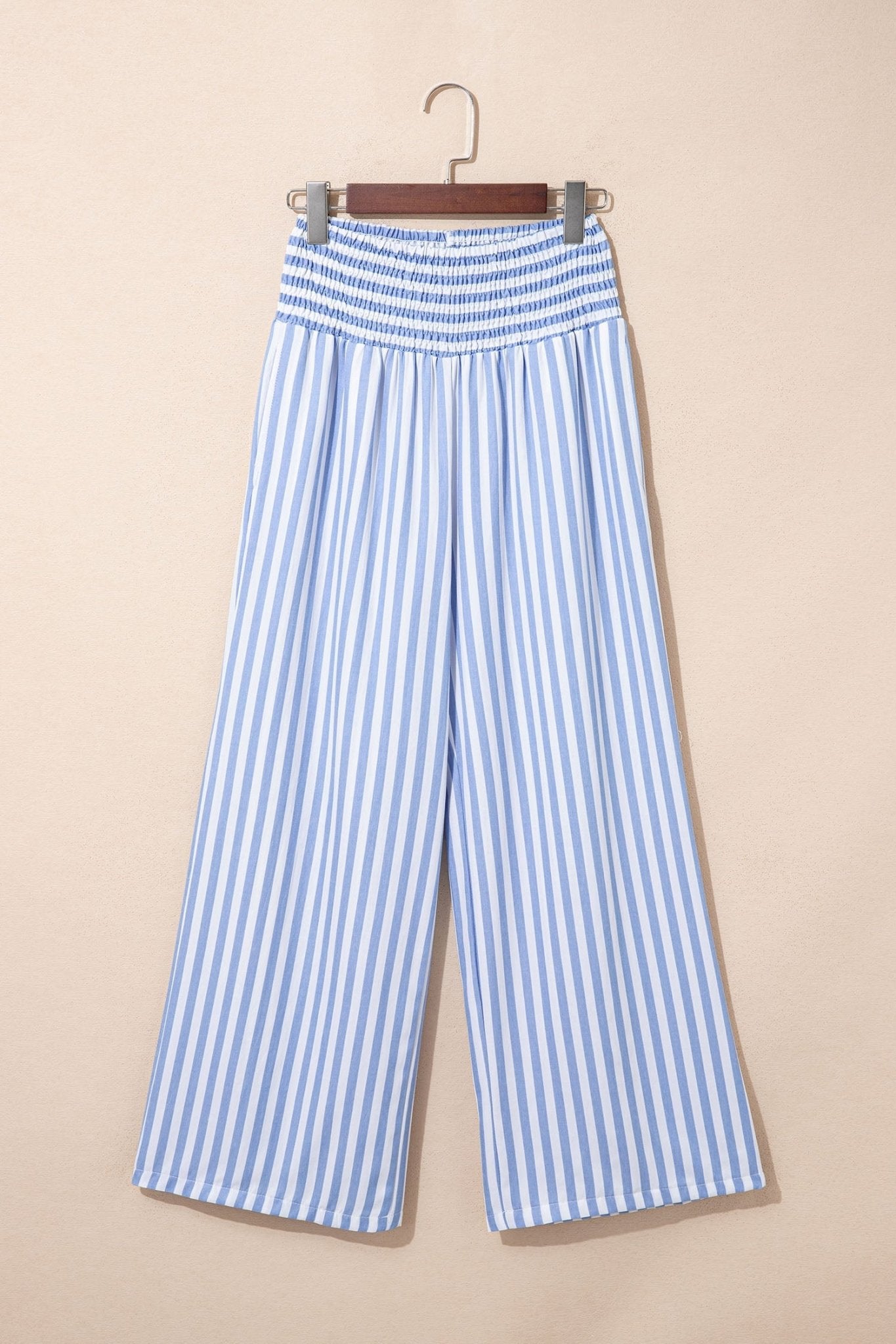 Sky Blue Stripe Shirred High Waist Loose Summer Pants - Loving It Shop