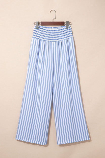 Sky Blue Stripe Shirred High Waist Loose Summer Pants - Loving It Shop