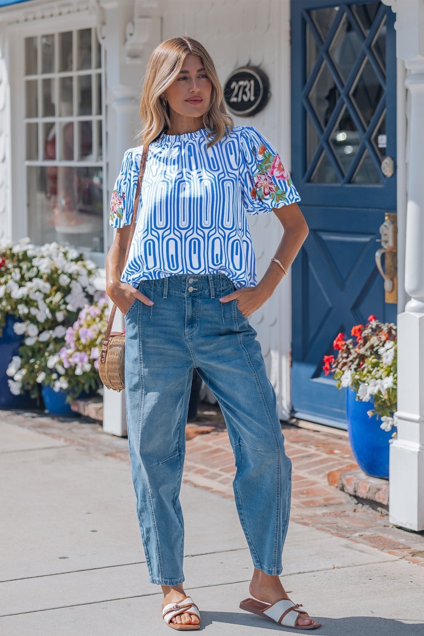 Sky Blue Unique Geometry Print Floral Embroidered Puff Sleeve Blouse - Loving It Shop