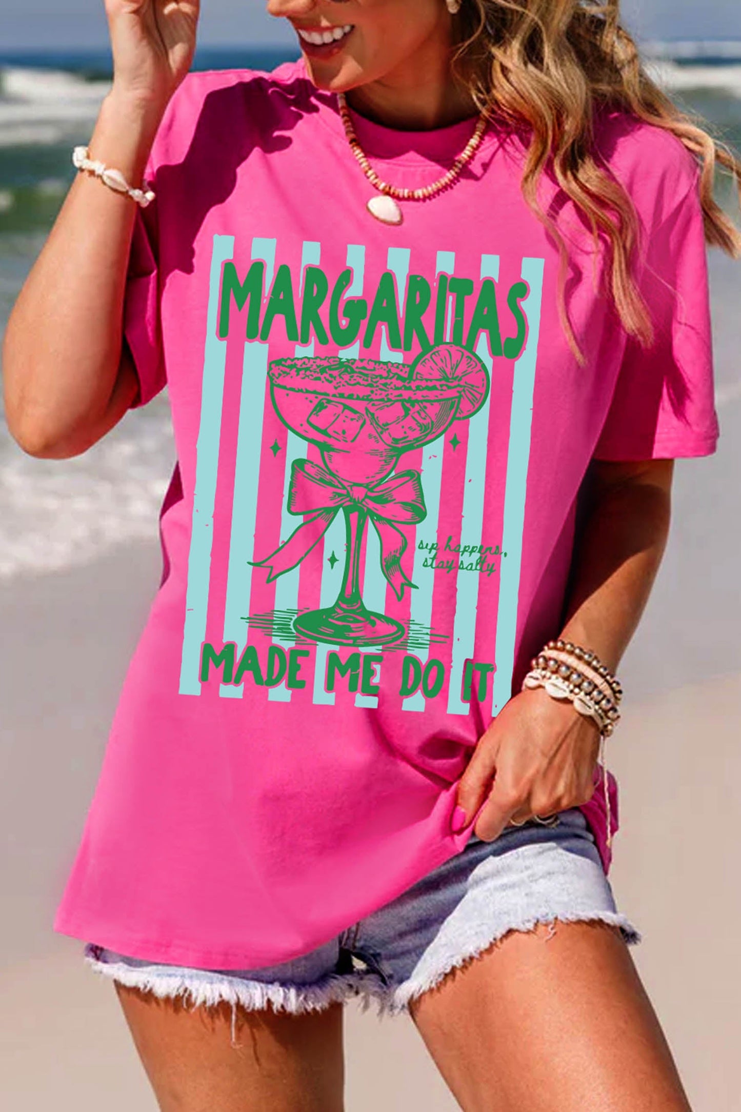 Rose Red Margaritas Made Me Do It Striped Graphic Beach Vacation Tee - Loving It Shop