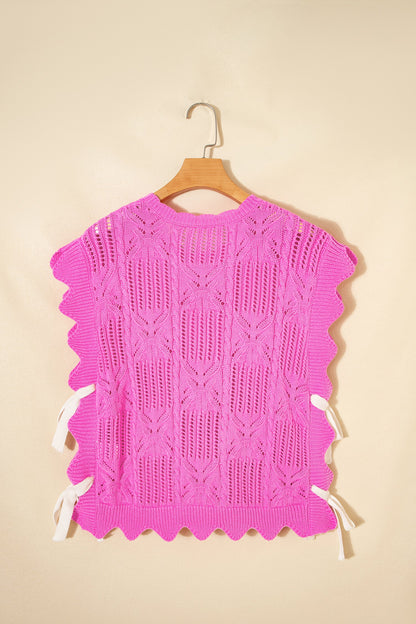 Bonbon Pointelle Knit Patterned Scalloped Trim Short Sleeve Sweater