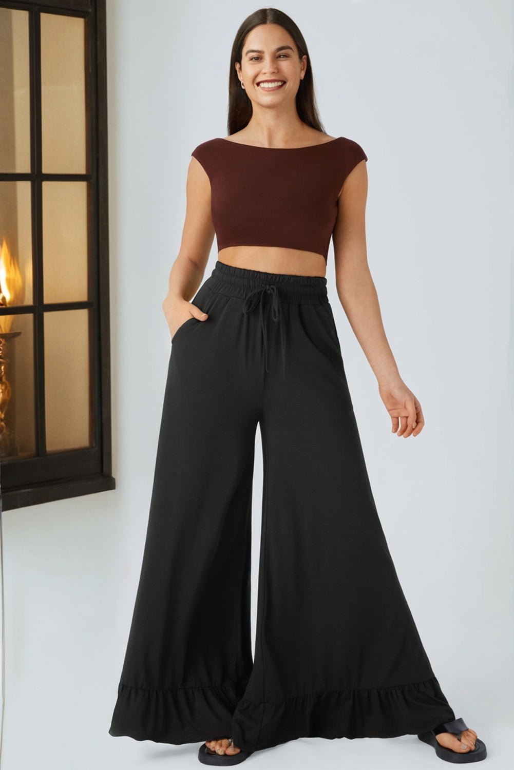 Black Ruffled Wide Leg Pull On High Waist Pants with Pockets - Loving It Shop