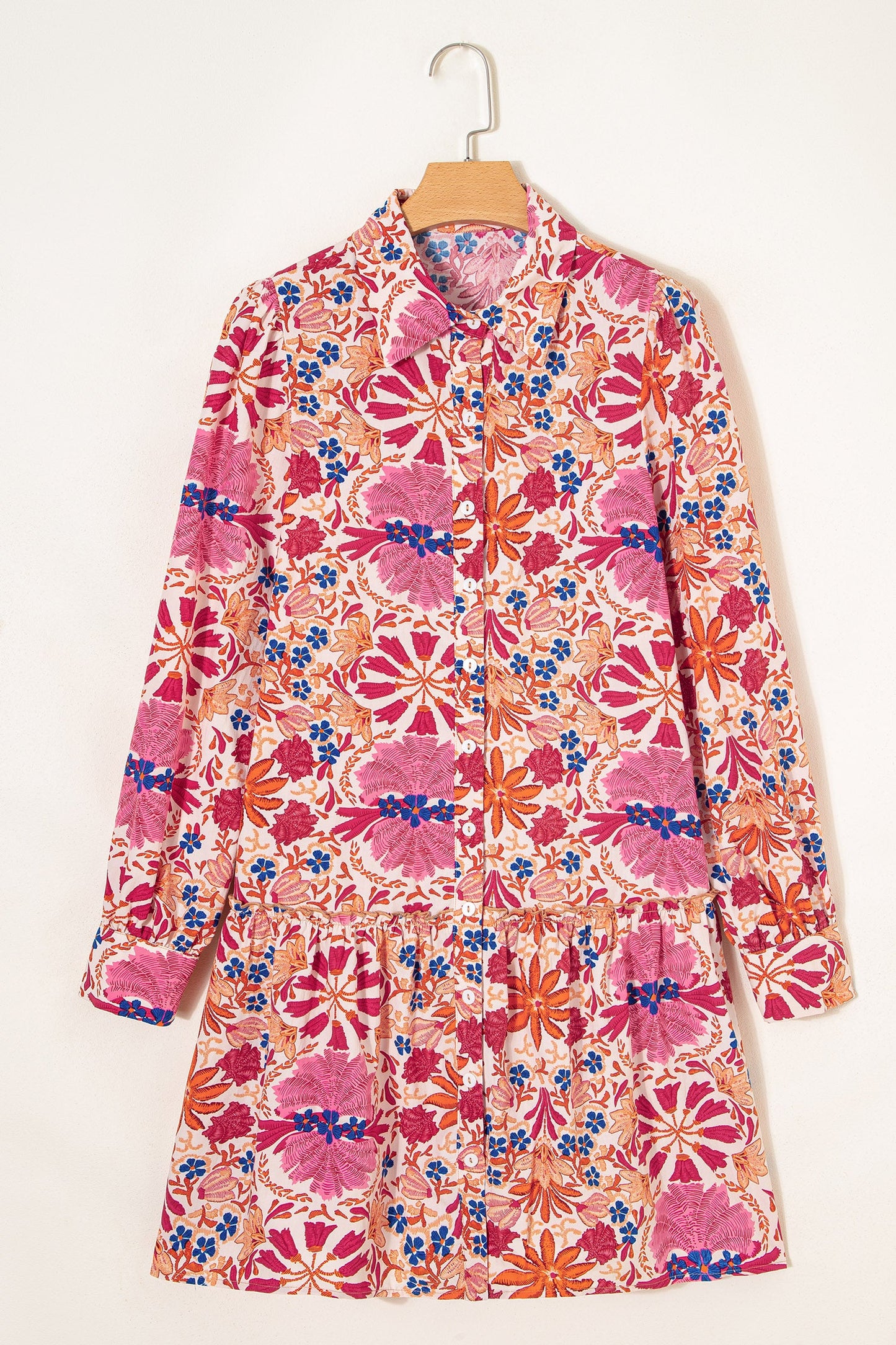 Red Fall Flower Print Long Sleeve Mini Dress