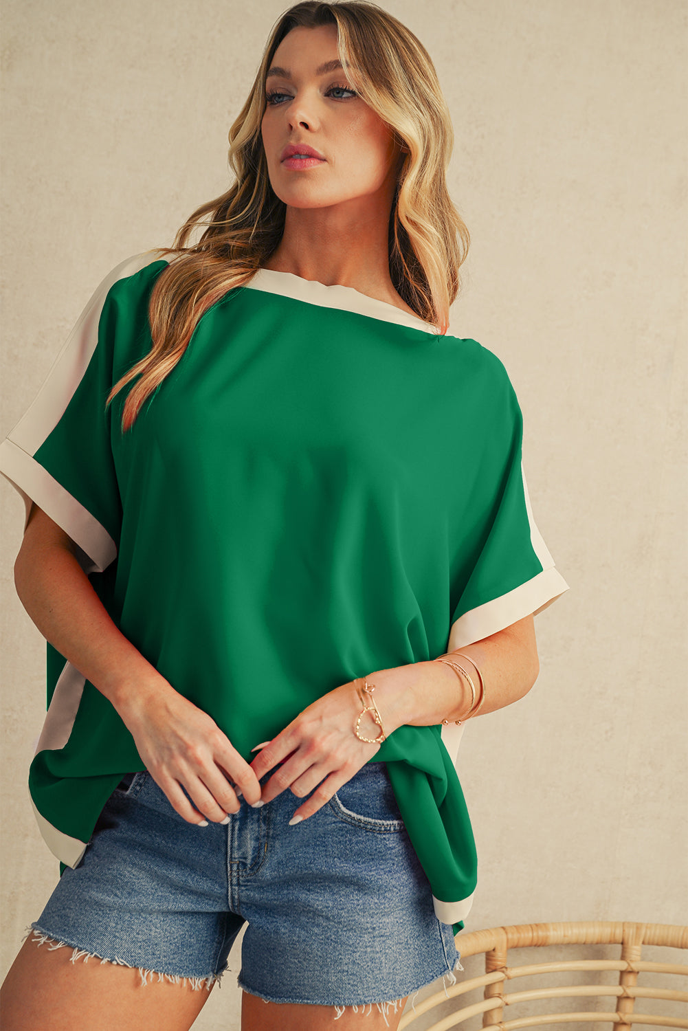 Rose Color Block Boat Neck Tunic Blouse