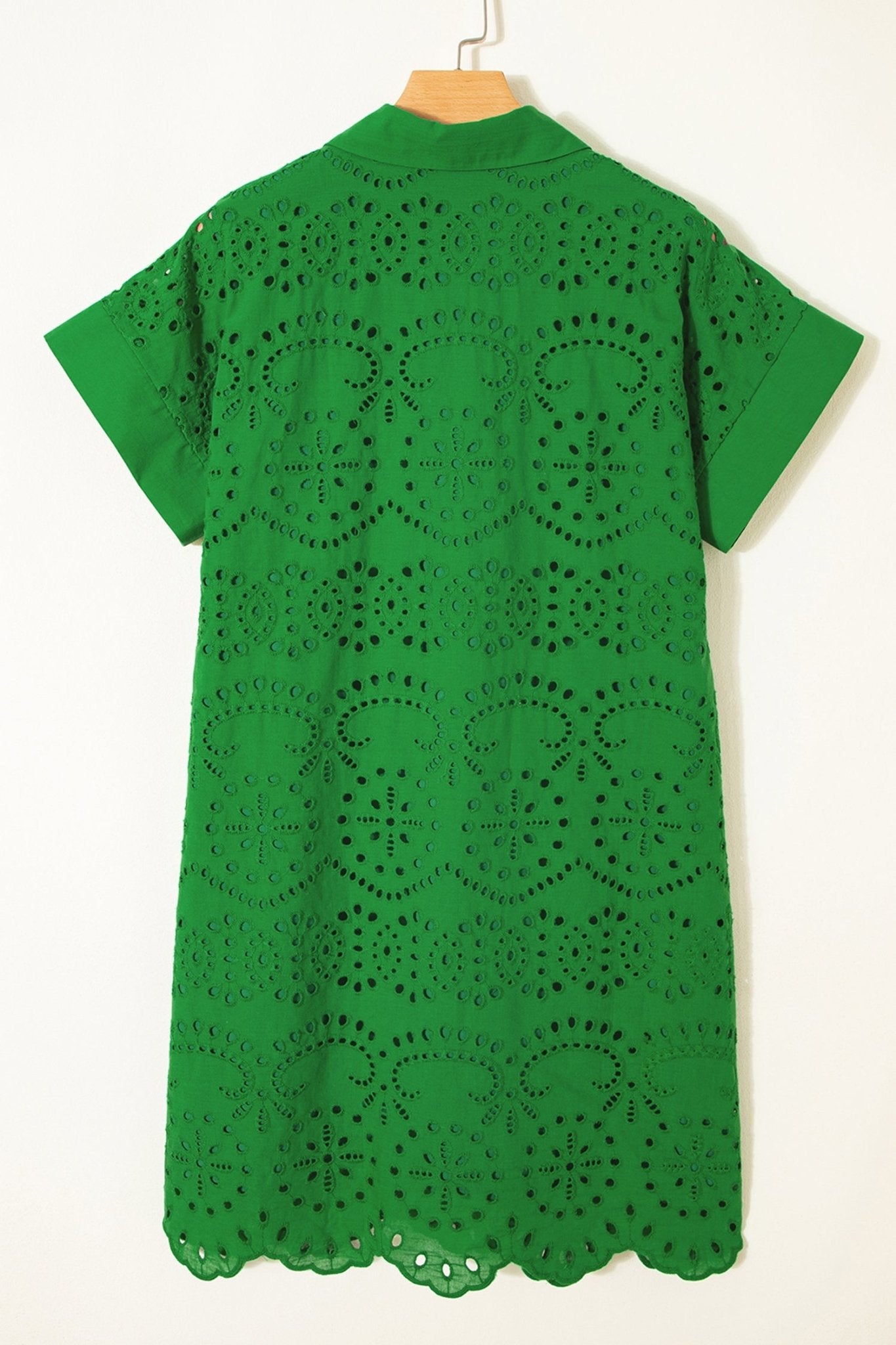 Green Solid Color Eyelet Embroidered T Shirt Mini Dress - Loving It Shop