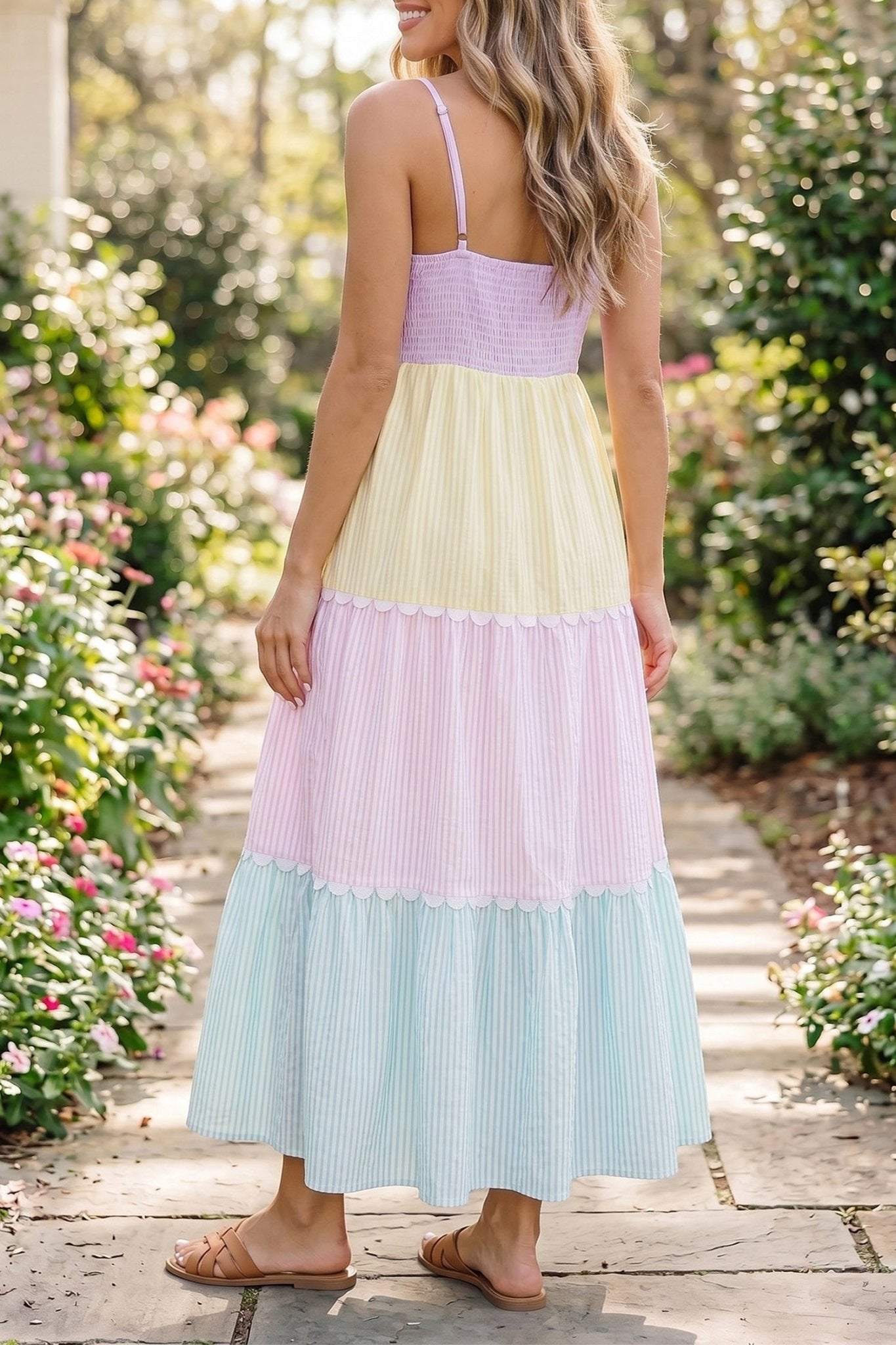 Multicolour Striped Colorblock Adjustable Strap Scalloped Detail Long Dress - Loving It Shop