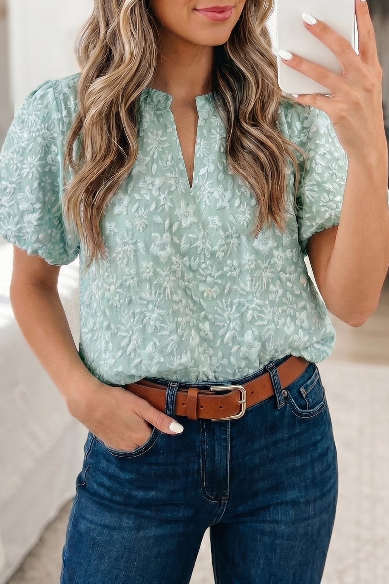 Iceland Blue Floral Textured Jacquard Puff Sleeve Blouse - Loving It Shop