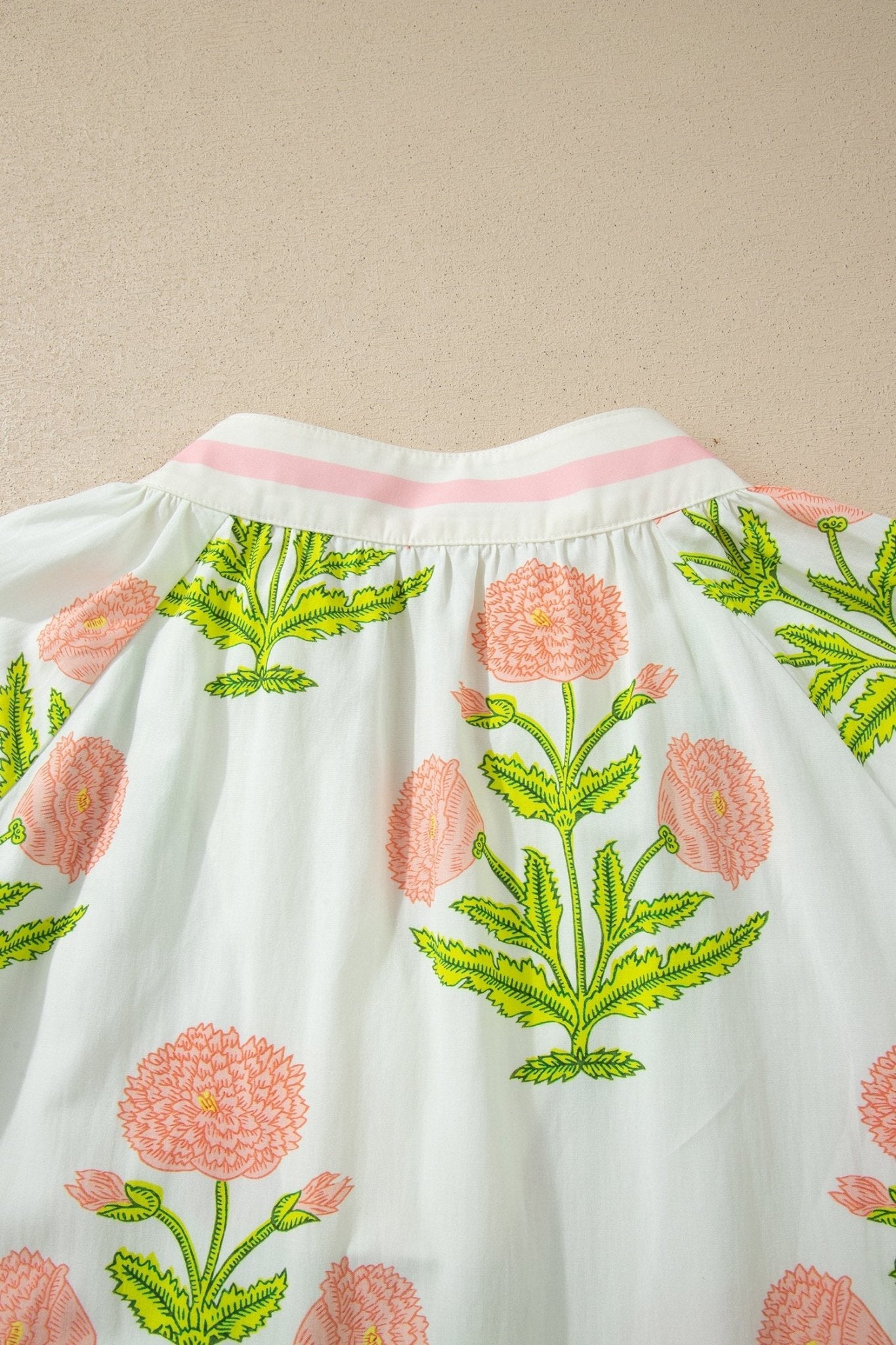 Pink Plus Size Floral Print Striped Trim V Neck Blouse - Loving It Shop