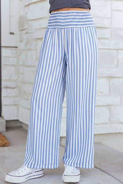 Sky Blue Stripe Shirred High Waist Loose Summer Pants - Loving It Shop