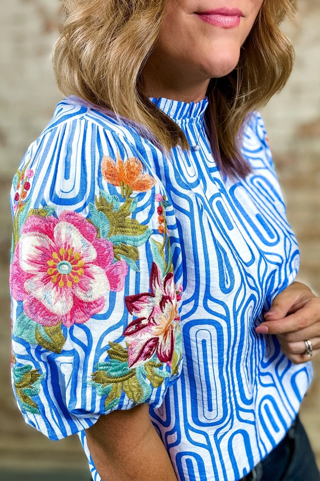 Sky Blue Unique Geometry Print Floral Embroidered Puff Sleeve Blouse - Loving It Shop