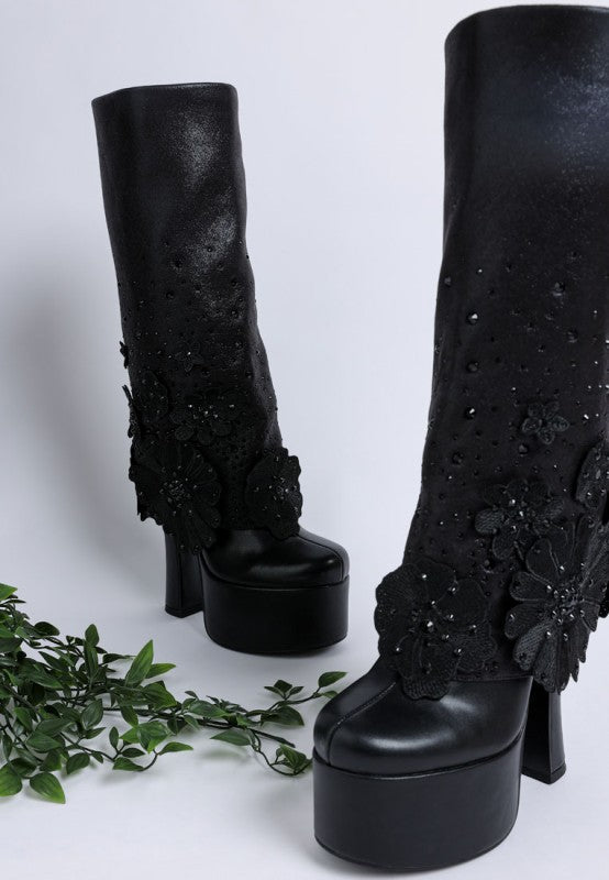 Sundra Floral Applique Platform Heeled Boots