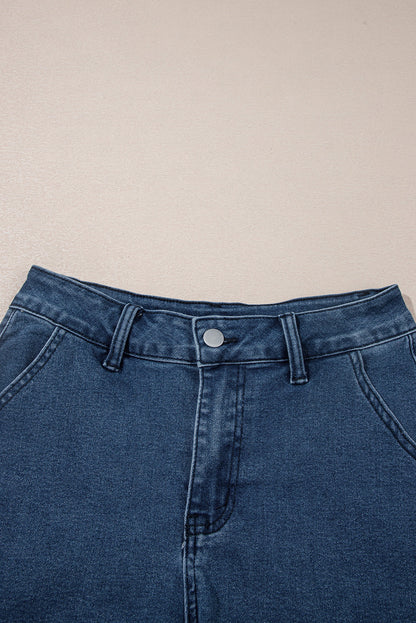 Sail Blue Scalloped Hemline Acid Wash High Waist Denim Shorts