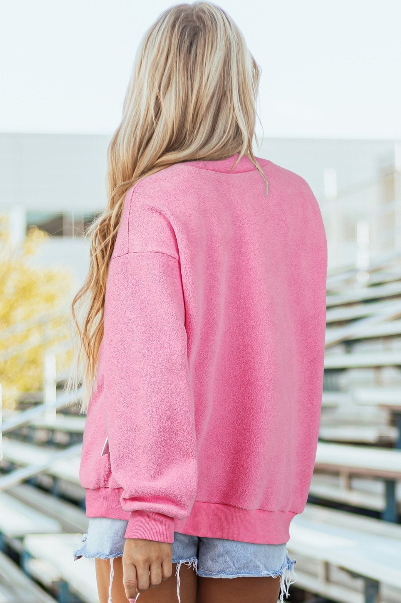 Bright Pink Oversize Drop Shoulder Reversible Mock Neck Sweatshirt - Loving It Shop