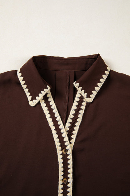 Coffee Shirt Collar Contrast Trim Button V Neck Short Sleeve Blouse