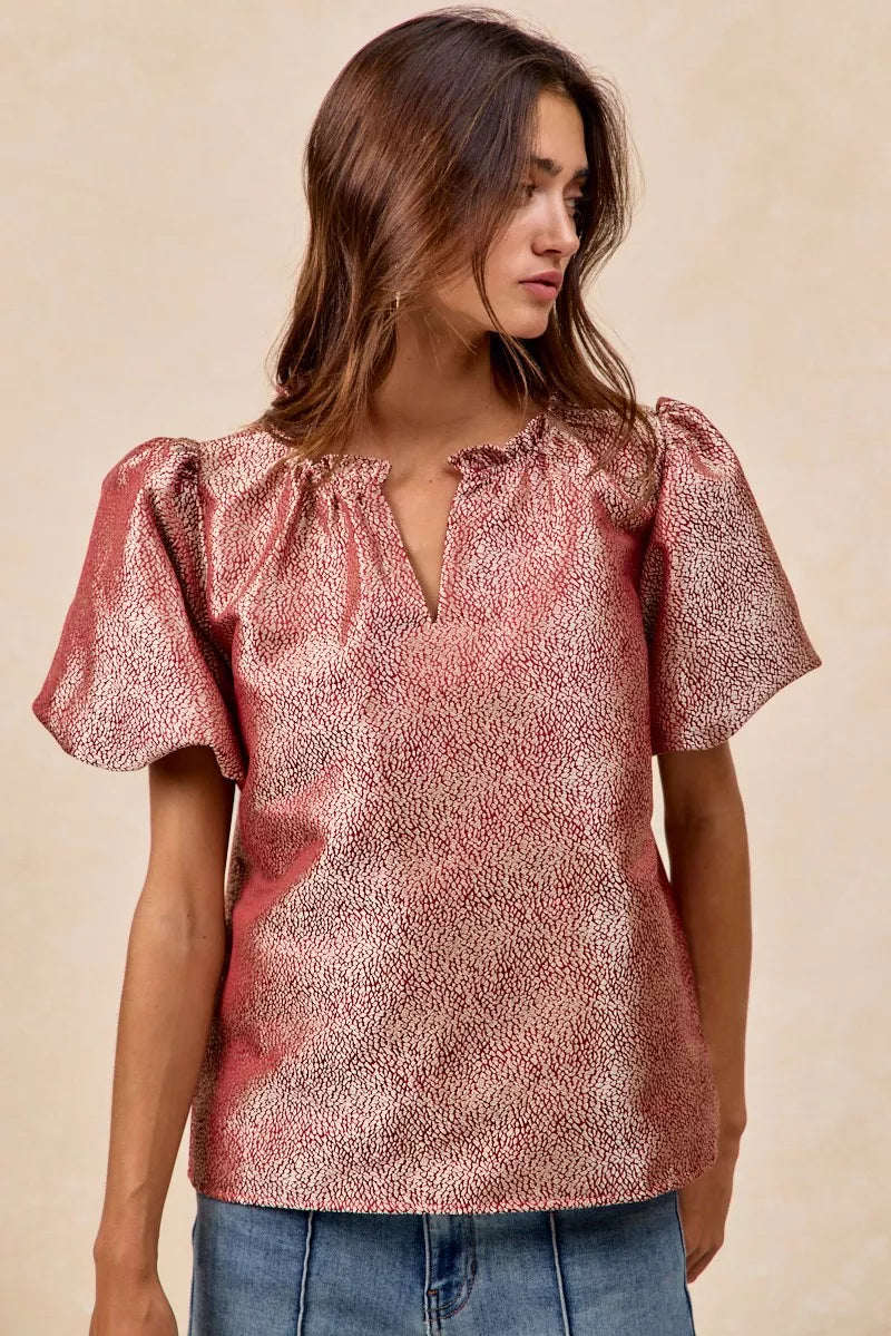 Jacquard Woven Short Balloon Sleeves V Neck Top