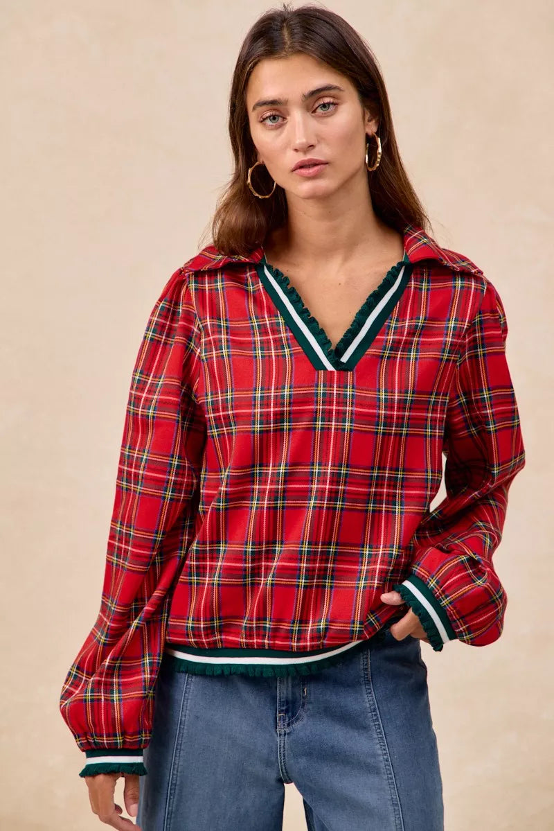 Christmas Plaid Collared Top with Ruffled Detail