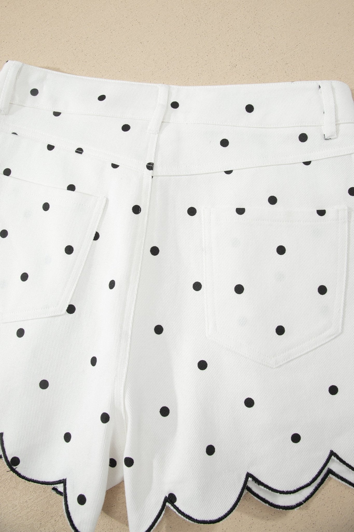 White Polka Dot Print Embroidered Scallop Hem Shorts - Loving It Shop