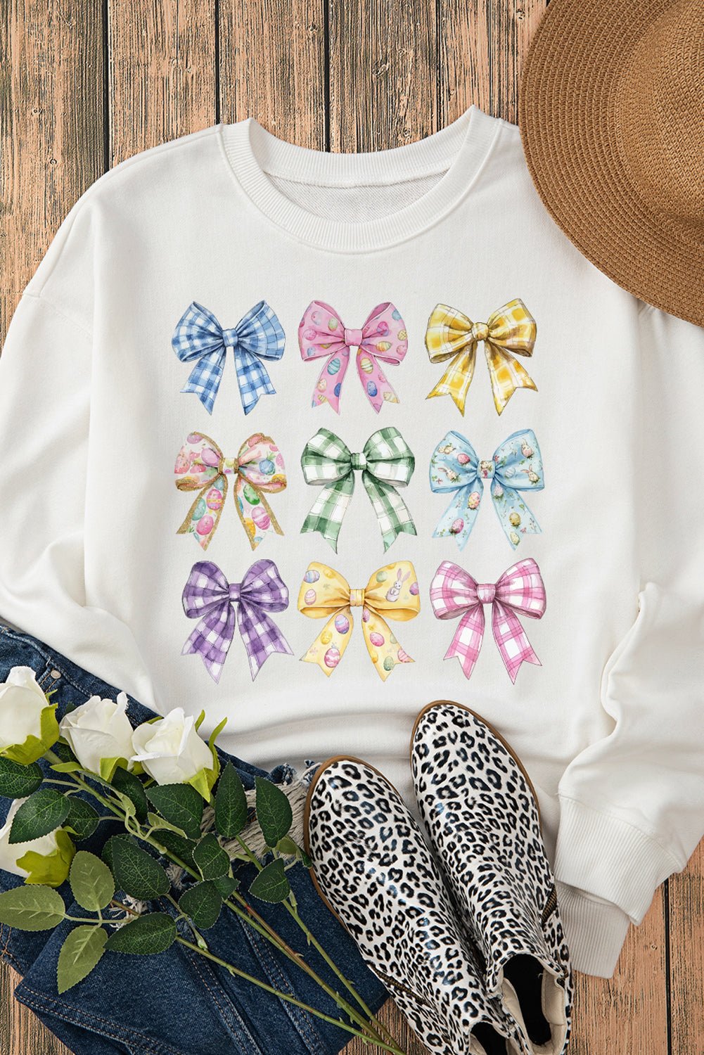 White Easter Eggs Plaid Bow Graphic Drop Shoulder Sweatshirt - Loving It Shop