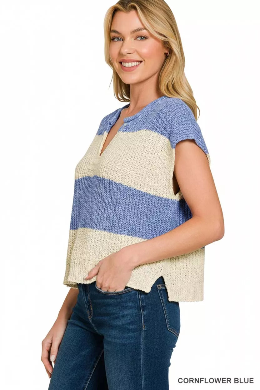 Split Neck Sleeveless Stripe Sweater