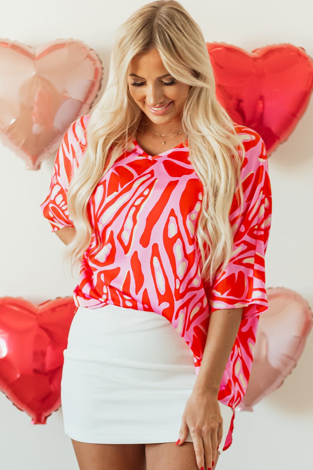 Red Abstract Print V Neck Batwing Sleeve Oversized Blouse - Loving It Shop