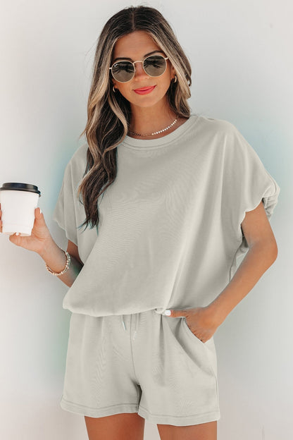 Smoke Gray Solid Color Puffy Loose Top Drawstring Shorts 2pcs Outfit - Loving It Shop