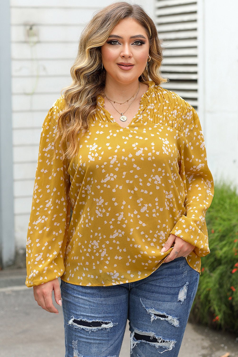 Yellow Plus Size Floral Print Ruched Split Neck Blouse - Loving It Shop