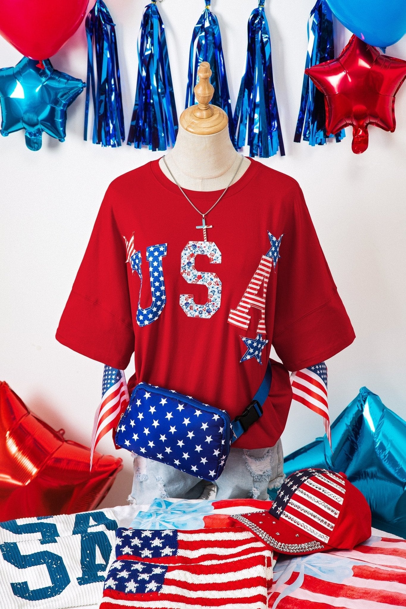 Fiery Red Patriotic USA Slogan Patch Embroidery Short Sleeve T Shirt - Loving It Shop