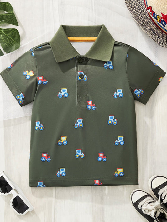 Children's Tractor Print Casual Polo Shirt