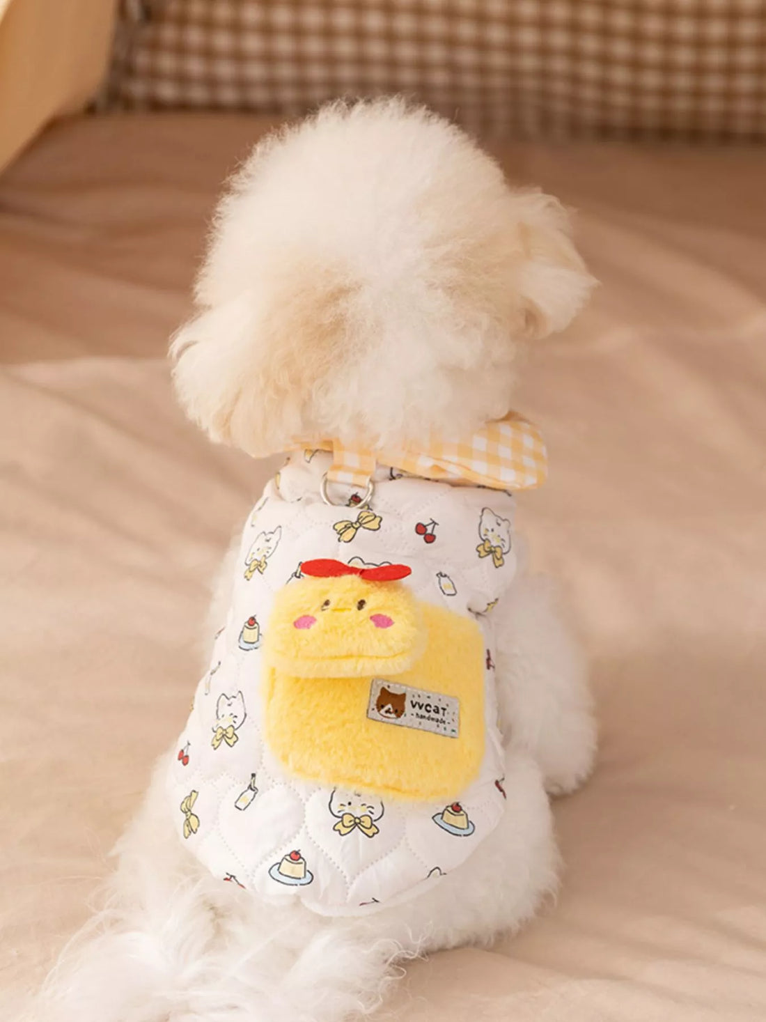 Cute Cartoon Print Padded Pet Jacket with Gingham Collar - Loving It Shop