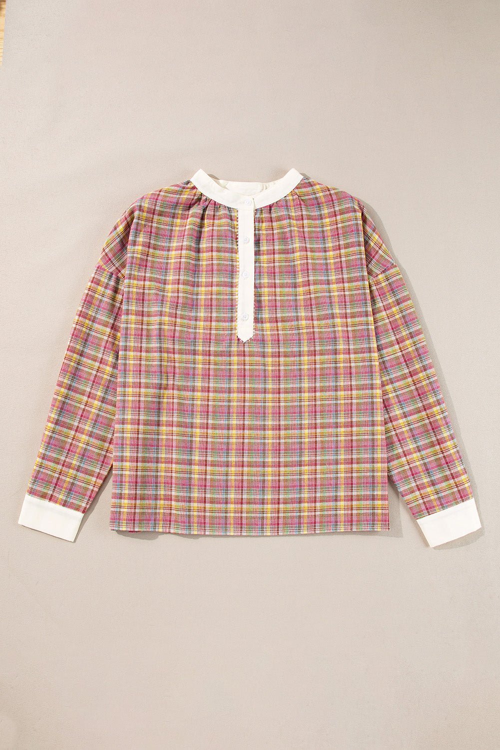 Pink Colorblock Plaid Patchwork Henley Blouse - Loving It Shop